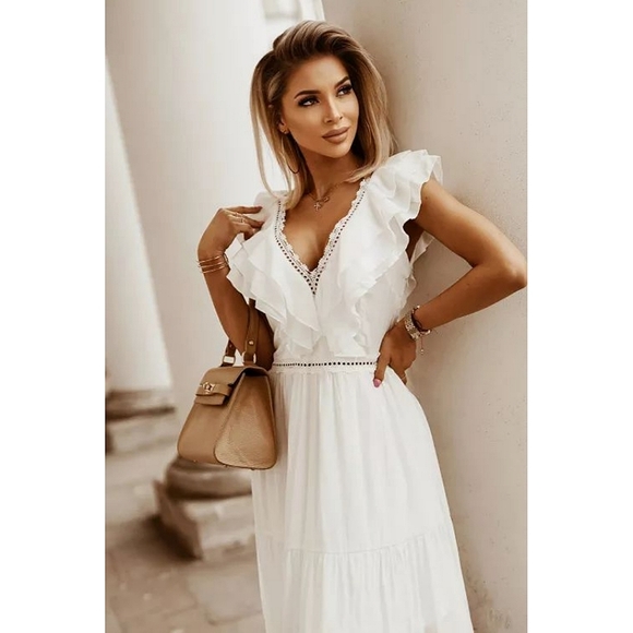 Ditzys Boutique Dresses & Skirts - Plus Size White Ruffle V Neck Maxi Dress